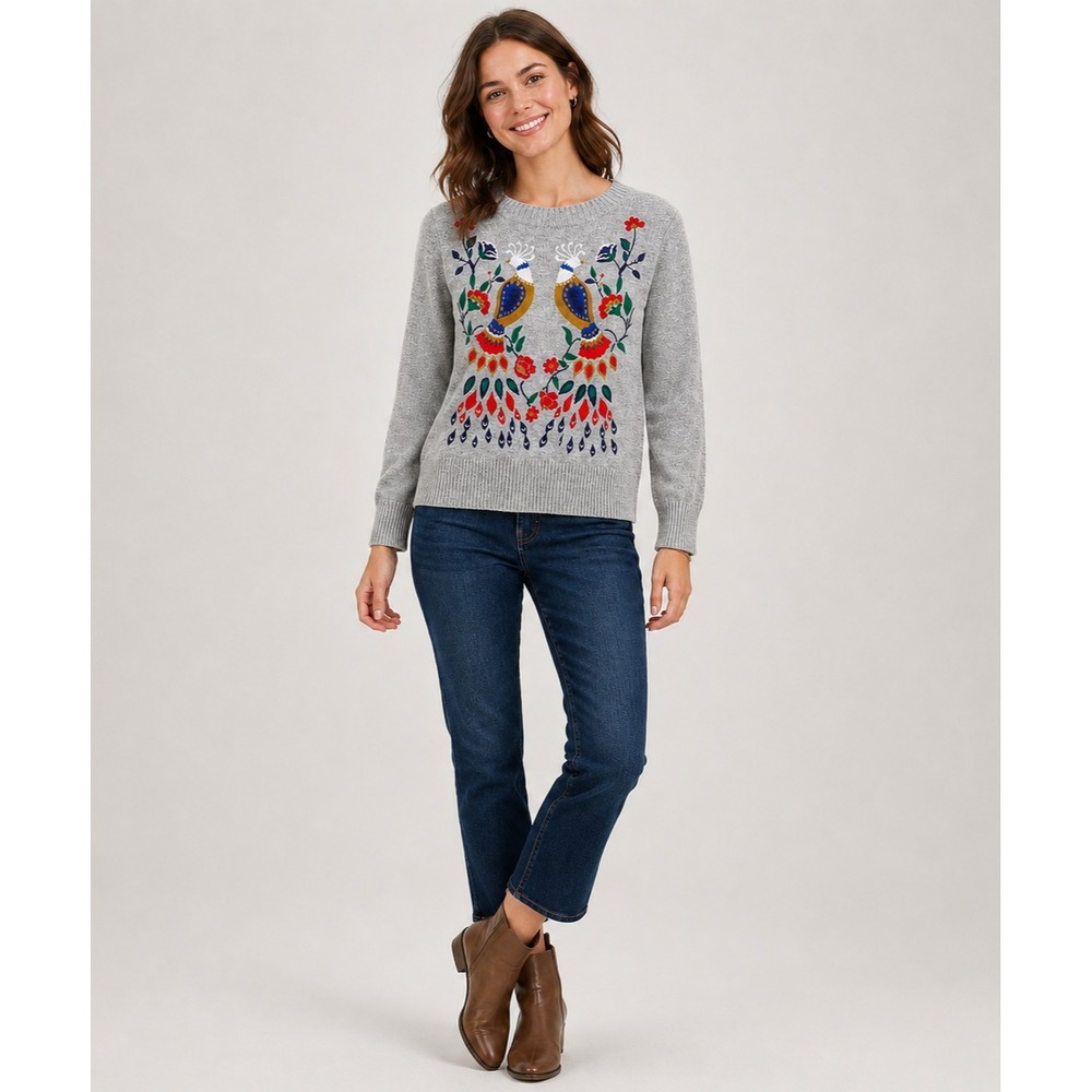 Ann Taylor LOFT Sweater Womens XS Gray Embroidered Bird Floral Wool Blend